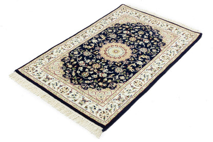 Indo-Nain Floral Rug Dark Navy 3X4 ft Entryway Kitchen Carpet