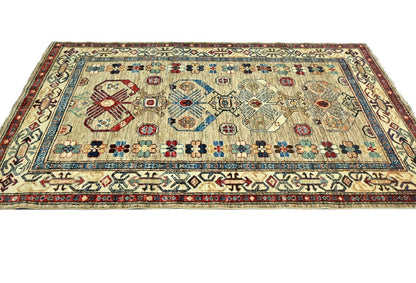 4x6 Handmade Kazak Oriental Rug Tribal Geometric Wool Design Farmhouse Style