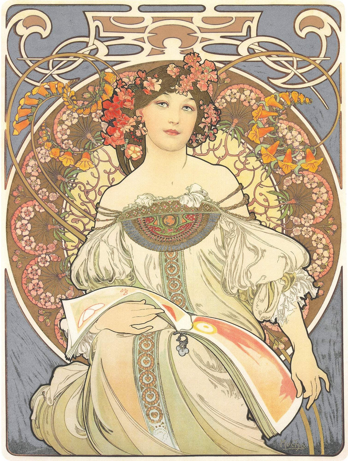 Nouveau ALPHONSE MUCHA Reverie 27" x 20.75" Mixed Media 2010 Art