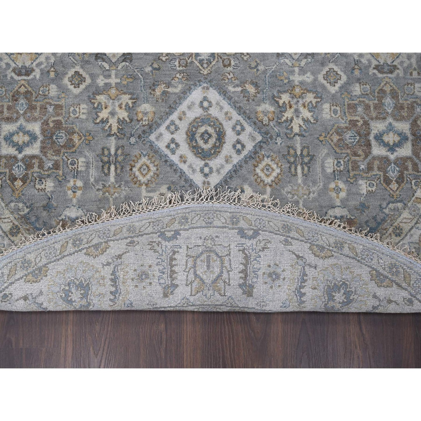 7'X7' Gray And Ivory Hand Knotted Karjihooz Design Soft Wool Round Rug