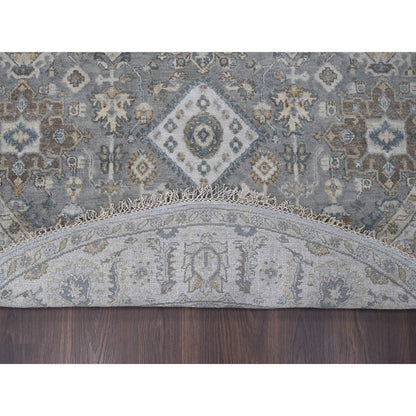 7'X7' Gray And Ivory Hand Knotted Karjihooz Design Soft Wool Round Rug