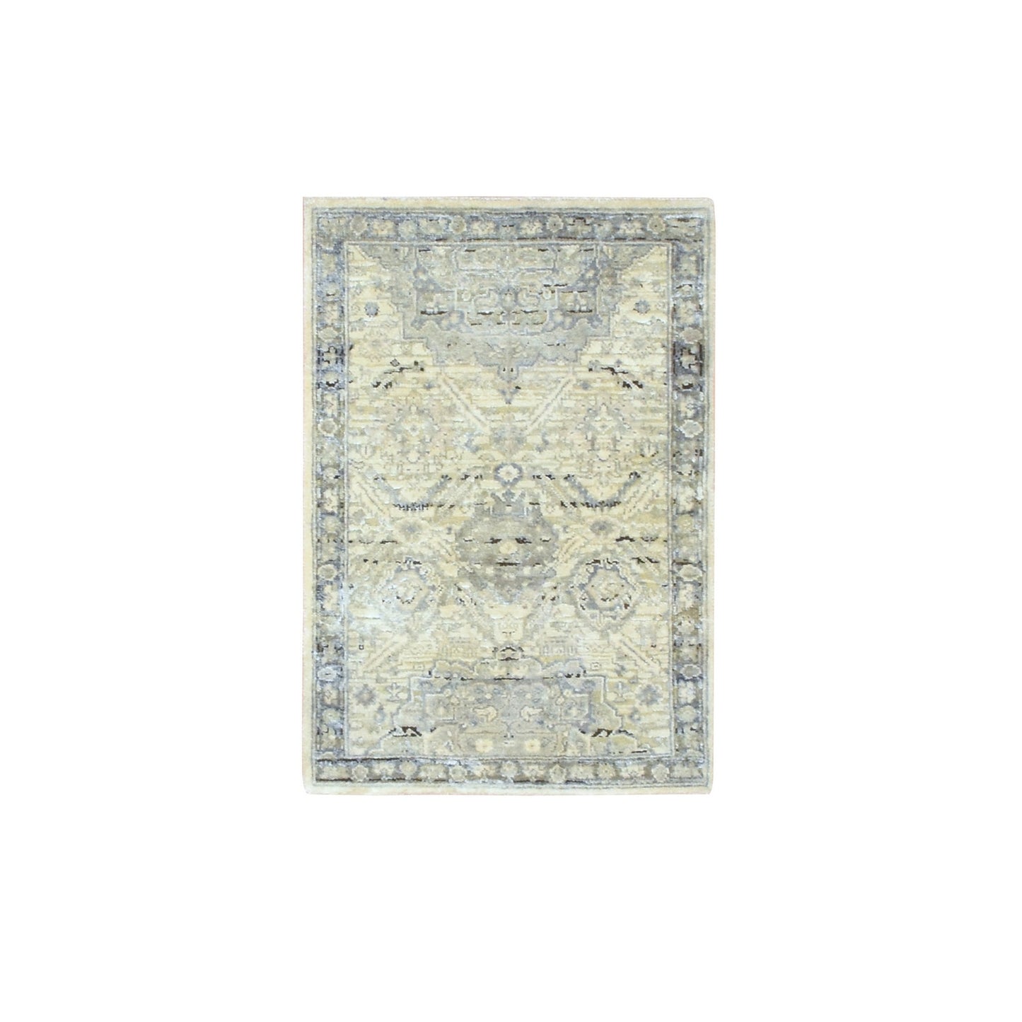 2'1"X3' White Oushak Hand Knotted Pure Silk And Textured Wool Mat Rug