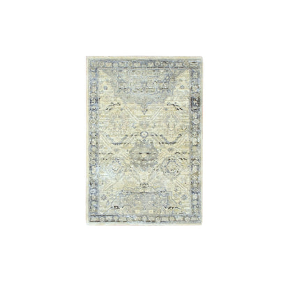 2'1"X3' White Oushak Hand Knotted Pure Silk And Textured Wool Mat Rug
