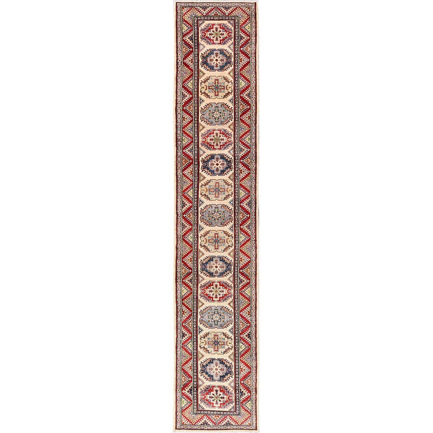2'9"X15'4" Ivory Hand Knotted Rug Kazak With Geometric Design Wool Runner