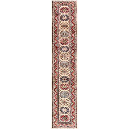 2'9"X15'4" Ivory Hand Knotted Rug Kazak With Geometric Design Wool Runner