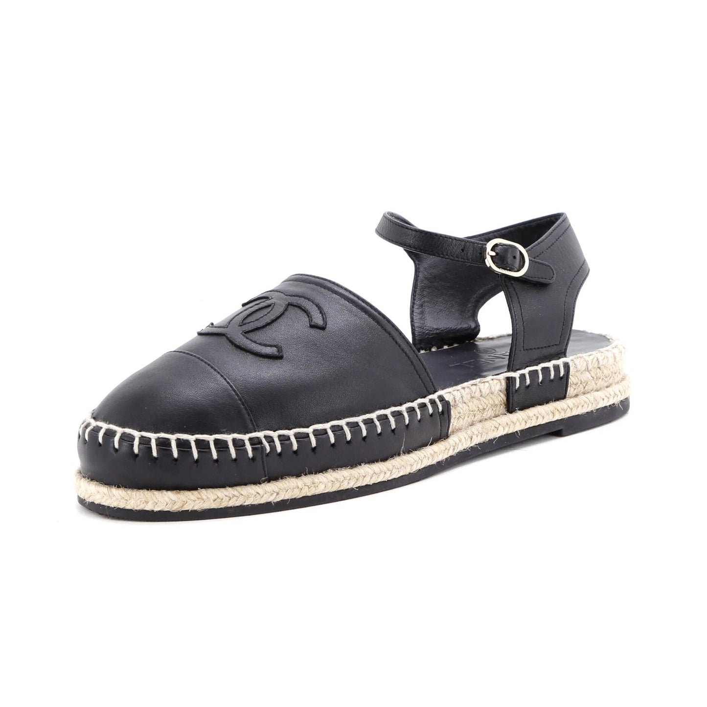 Chanel Women'S Cc Cap Toe Ankle Strap Espadrilles Leather