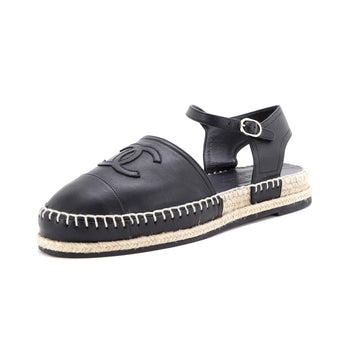 Chanel Women'S Cc Cap Toe Ankle Strap Espadrilles Leather