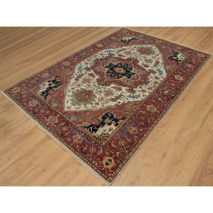 6'2"X9'1" Ivory Antiqued Heris Re-Creation Hand Knotted Soft Wool Rug
