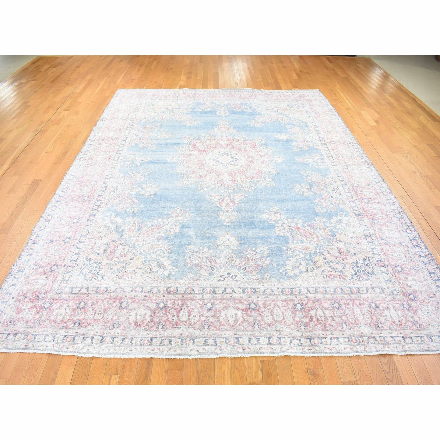 10'X12'10" Blue Vintage Farsian Karman Worn Wool Hand Knotted Rug