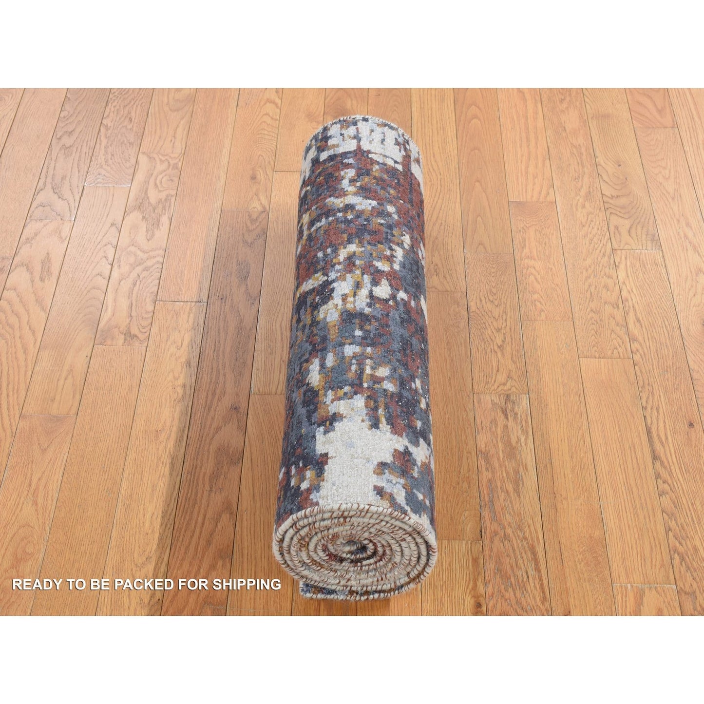 2'6"X10' Gray Modern Abstract Wool And Silk Hand Knotted Runner Rug