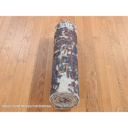 2'6"X10' Gray Modern Abstract Wool And Silk Hand Knotted Runner Rug