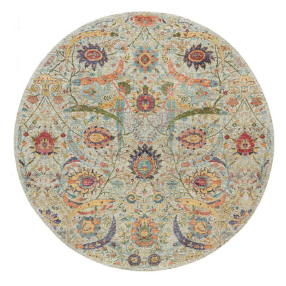 10'X10' Birch Tan Hand Knotted Silk And Wool Sickle Leaf Design Round Rug