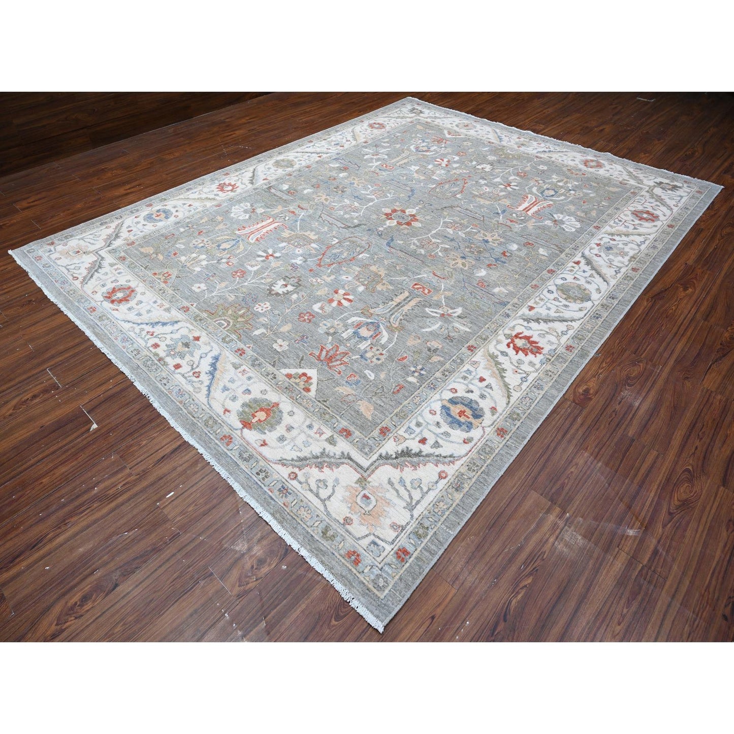 9'2"X11'10" Shark Gray Hand Knotted Heris All Over Design Peshawar Rug