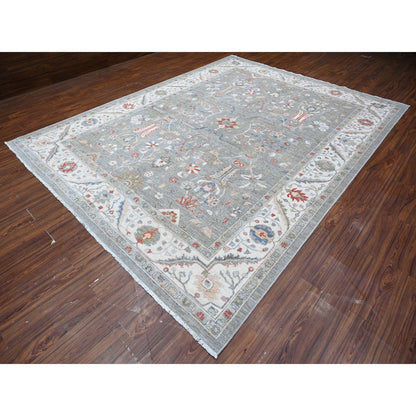 9'2"X11'10" Shark Gray Hand Knotted Heris All Over Design Peshawar Rug