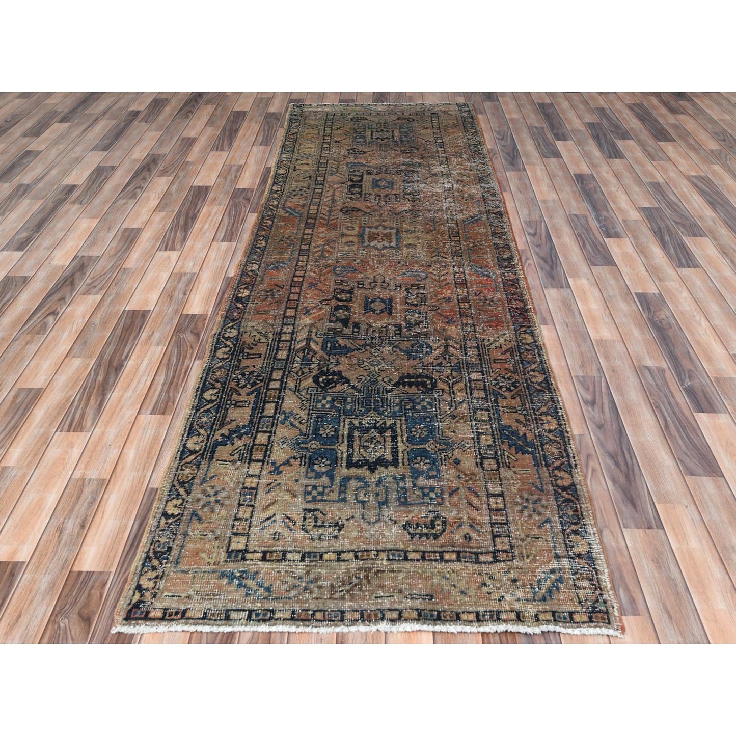 3'5"X10'6" Orange Vintage Farsian Worn Wool Hand Knotted Wide Runner Rug