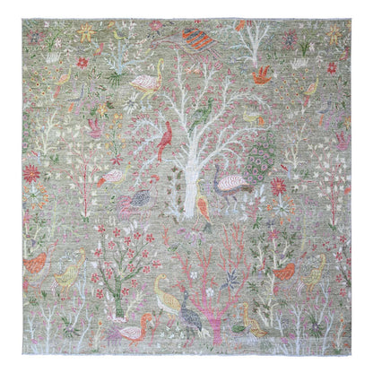 8'X8' Green Birds Of Paradise Hand Knotted Wool Peshawar Square Rug