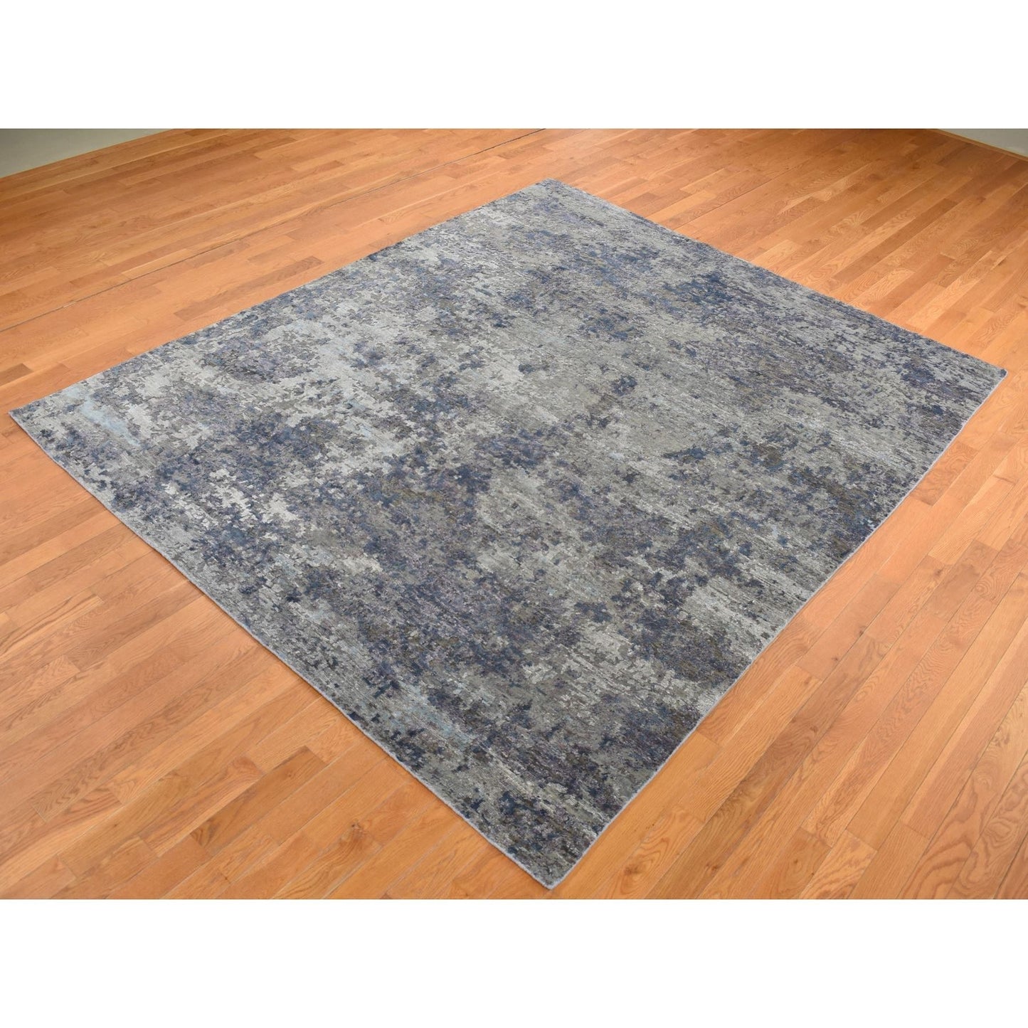 7'10"X9'9" Gray Modern Abstract Design Wool And Silk Hand Knotted Rug