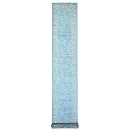 2'5"X18'10" Columbia Blue Wool Hand Knotted Finer Peshawar Oriental Rug
