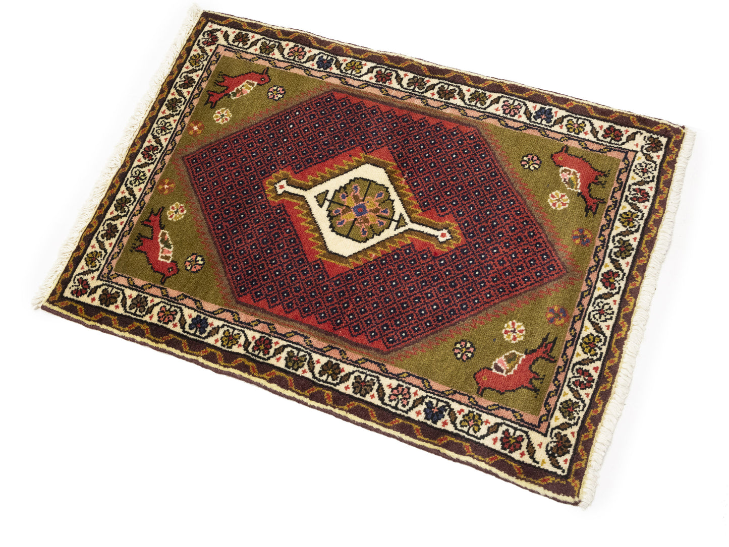 2X3 Ft Hand-Knotted Oriental Rug Animal Floral