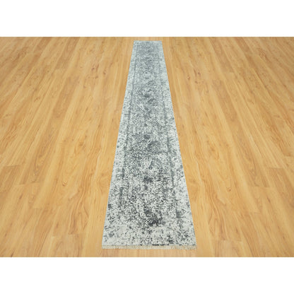 2'6"X15'8" Gray Hand Knotted Zoroastrian Design Wool Silk Xl Runner Rug