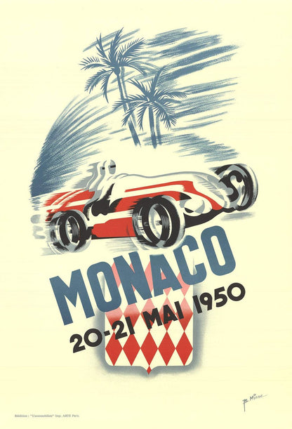Red B. MINNE Monaco Grand Prix 1950 37.75" x 25.5" Lithograph 1995 Vintage Blue