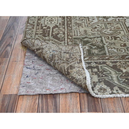 7'1"X9'8" Beige Vintage And Worn Zoroastrian Heris Hand Knotted Wool Rug