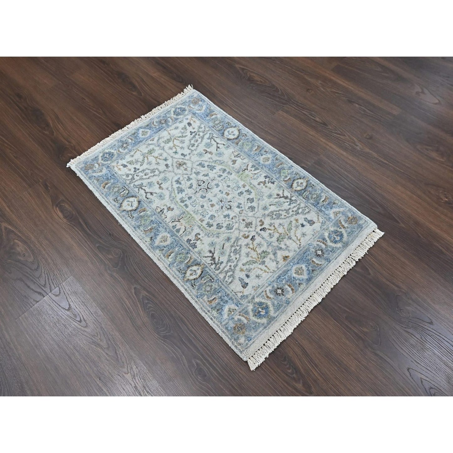 2'x3' Gray Oushak with Floral Motifs Hand Knotted Wool Mat Oriental Rug
