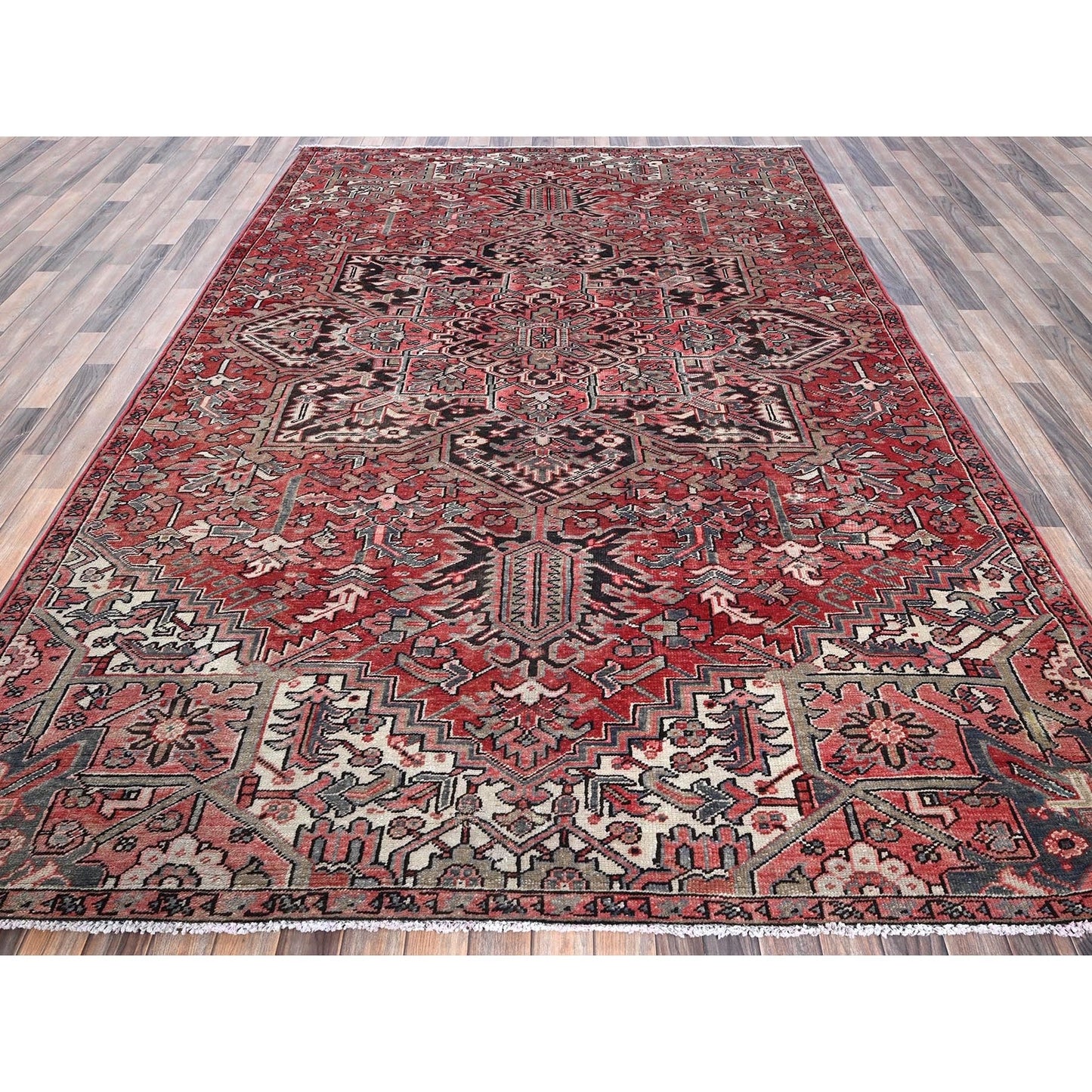7'6"X10'7" Red Vintage Zoroastrian Heris Wool Hand Knotted Shaved Low Rug