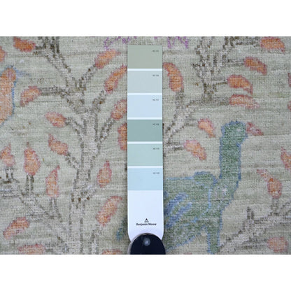 2'9"X11'8" Green Hand Knotted Peshawar Birds Design Soft Wool Runner Rug