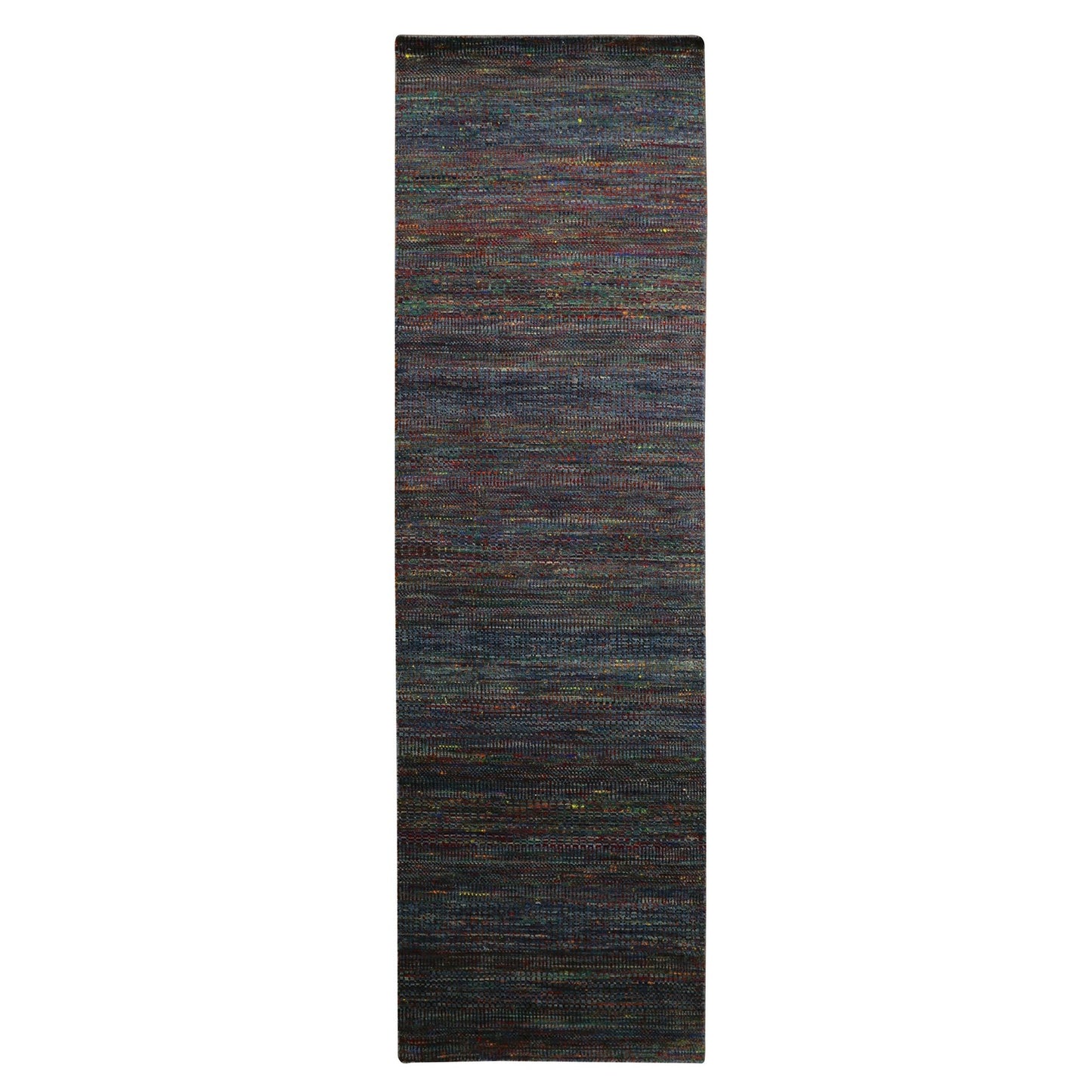 3'X10'1" Blue Wool And Silk Modern Grass Design Hand Knotted Runner Rug