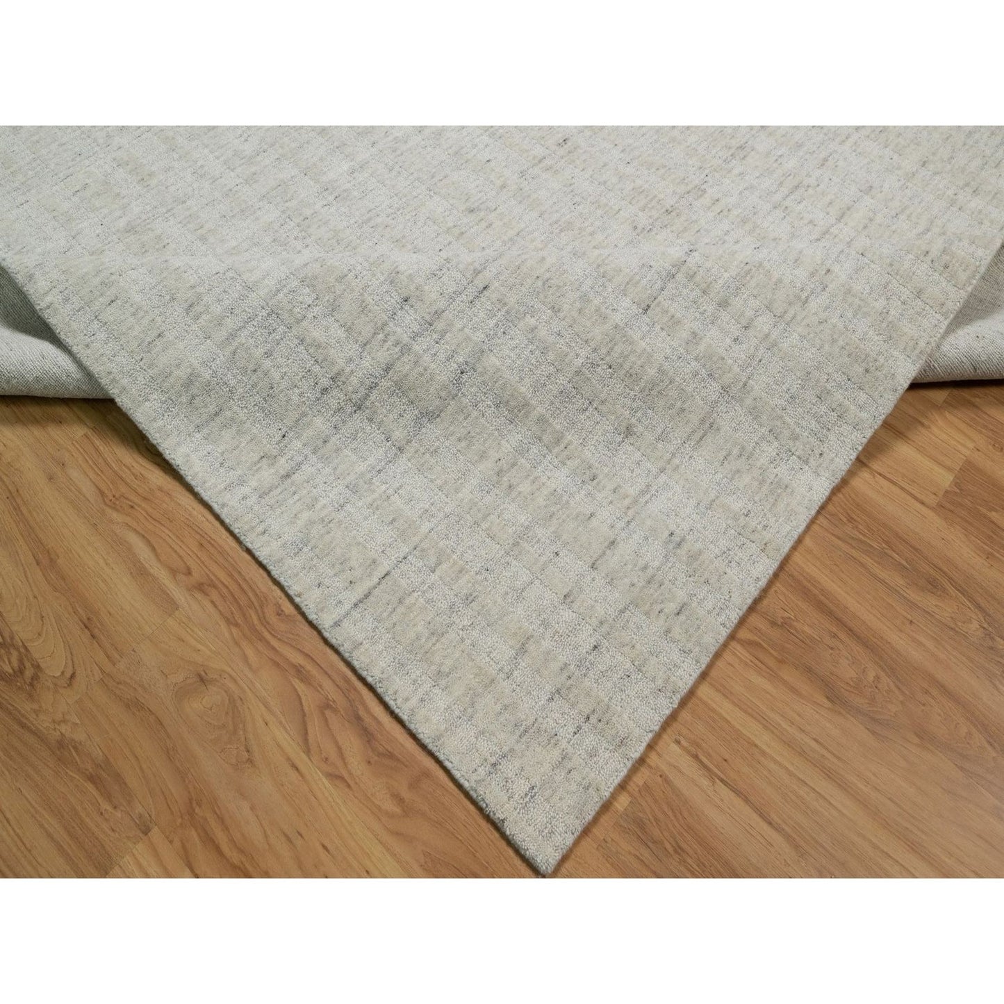 8'10"X12' Bone White Vertical Stripes Design Hand Loomed Natural Wool Rug