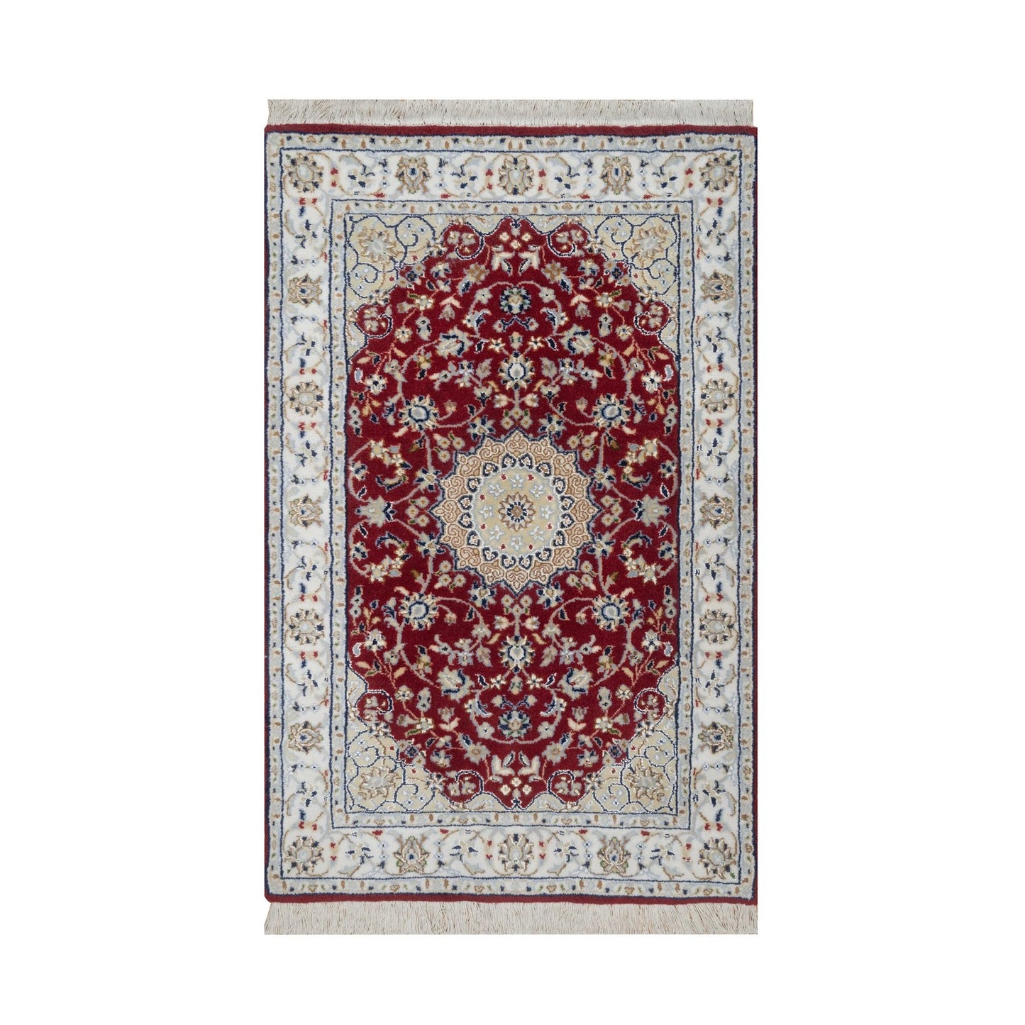 2'6"X4'1" Red Nain With Flower Design Hand Knotted Wool And Silk Mat Rug