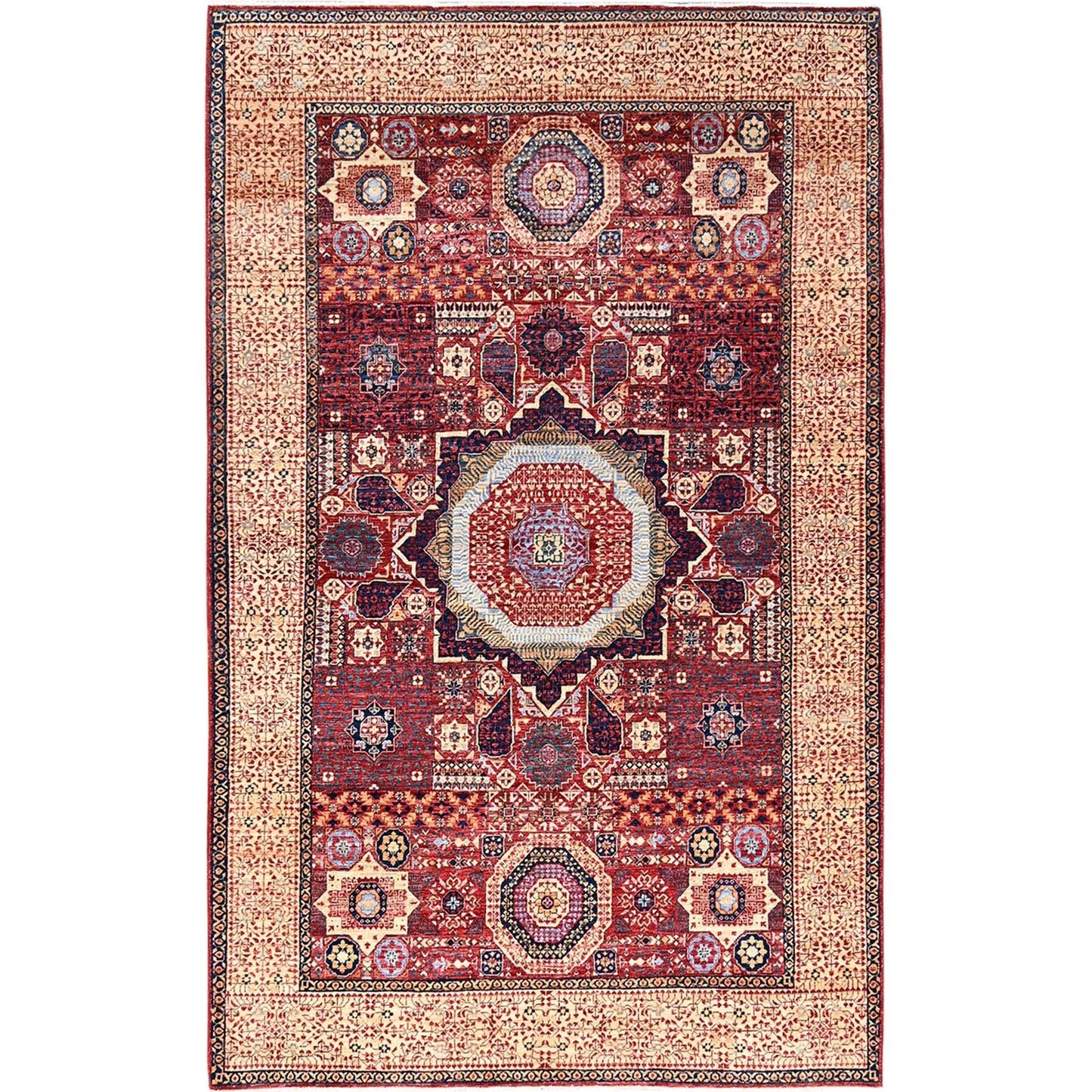 5'9"X9'7" Vermilion Red Hand Knotted Mamluk Design 200 Kpsi Pure Wool Rug