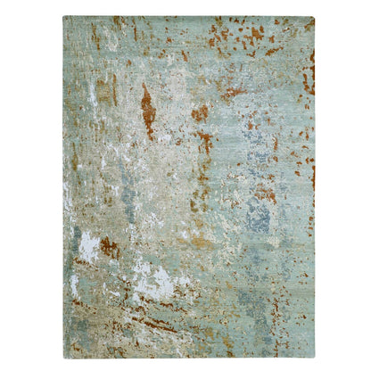 9'X12'3" Green With Beige Abstract Design Pure Wool Hand Knotted Rug