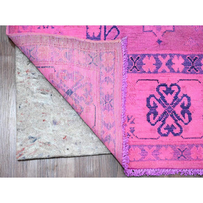 5'10"X9'1" Fuscia Pink Hand Knotted Overdyed Kazak Star Design Wool Rug