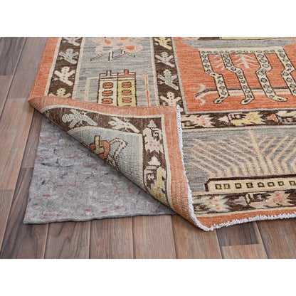 12'1"X14'6" Orange Khotan And Samarkand Design Hand Knotted Soft Wool Rug