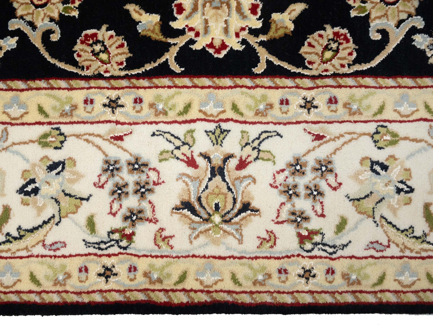 Handmade Black Indo-Nain Wool Rug 6x9 ft Floral Design Oriental Carpet