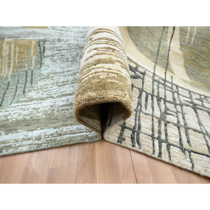9'X11'9" Gray-Brown Abstract Geometric Pattern Hand Knotted Pure Wool Rug
