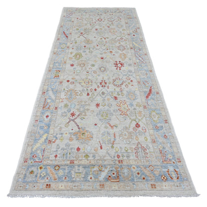 4'1"X10'1" White Hand Knotted Angora Oushak Leaf Design Wool Runner Rug