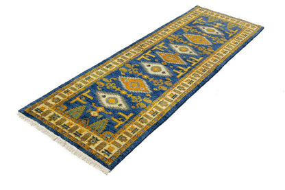 Vintage Style Blue Geometric Kazak Runner Rug