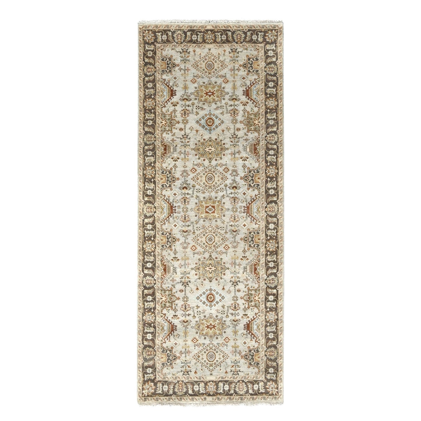 4'2"X9'10" Gray Karjihooz Design Pure Wool Hand Knotted Wide Runner Rug