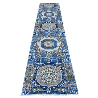 2'7"X11'9" Blue Aryana Hand Knotted Mamluk Design Runner Oriental Rug