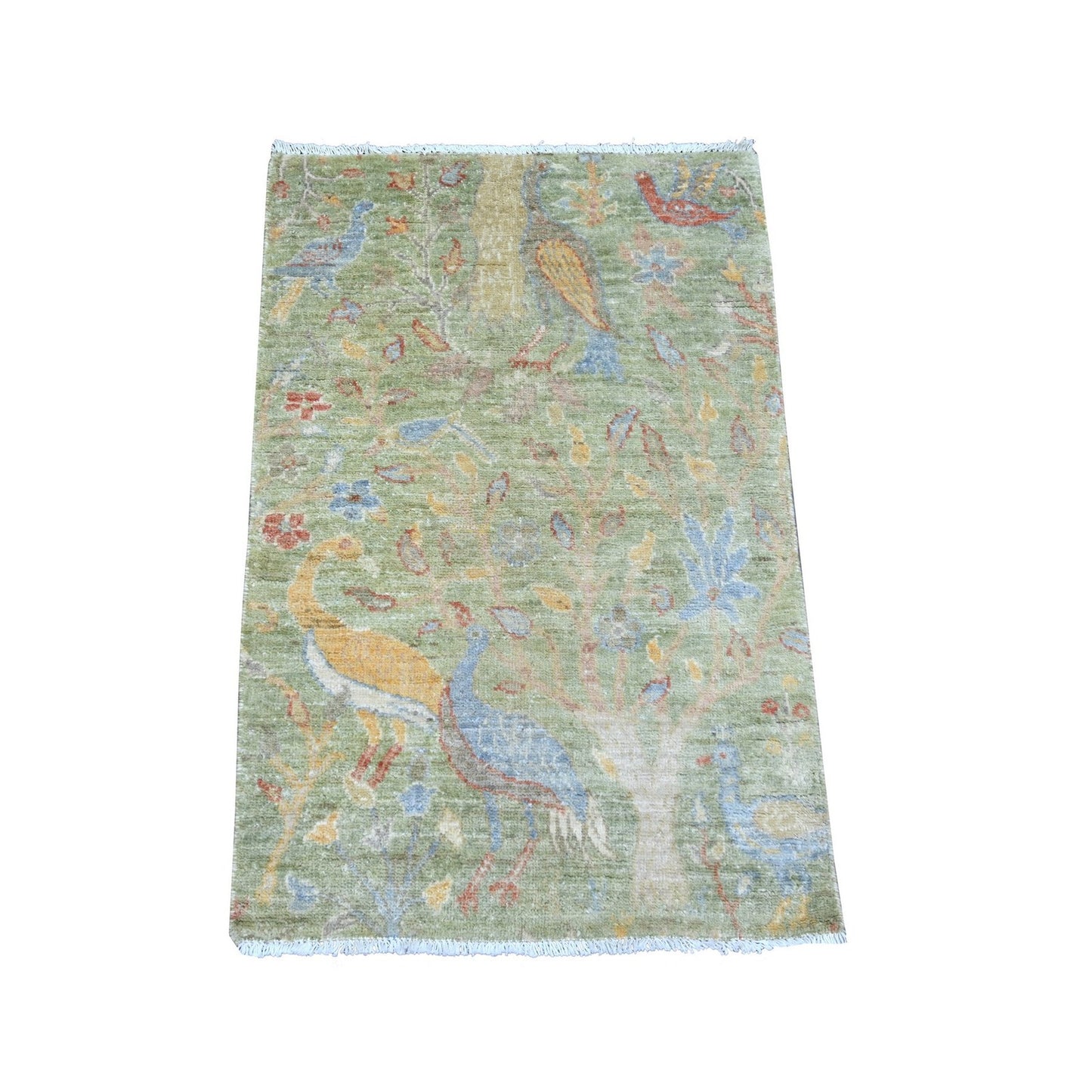 2'X3'2" Green Mat Rug Hand Knotted Peshawar Birds Of Paradise Design Wool