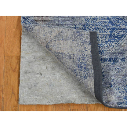 2'6"X6' Blue Silk With Wool Erased Rosette Design Hand Knotted Runner Rug