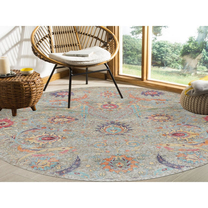 8'10"X8'10" Tan Round Sickle Leaf Design Silk With Wool Hand Knotted Rug
