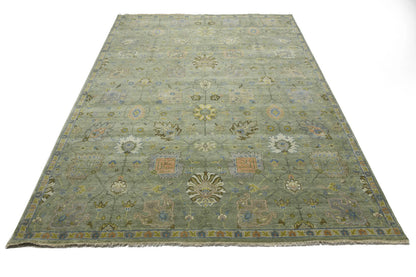 Carpet 9x12 ft Hand-Knotted Floral Green Chobi Design Oriental Rug Large