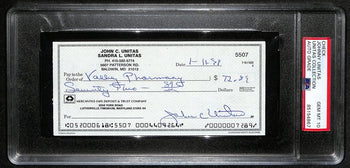 Johnny Unitas Hof Signed/Auto 1999 Bank Check Colts Psa/Dna Gem Mt 10 189581