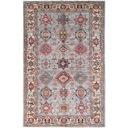 6'1"X9'6" Metallic Gray Soft Wool Super Kazak Hand Knotted Oriental Rug