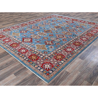 7'10"X9'8" Blue Kazak Tribal Medallions Design Hand Knotted Soft Wool Rug