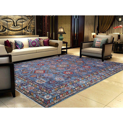 8'X9'6" Slate Gray Hand Knotted Geometric Super Kazak Wool Oriental Rug